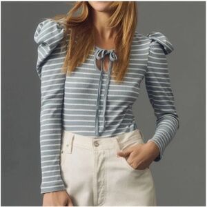 NWT Anthropologie | Porridge | Blue & White Stripe Puff Sleeve Tie-Front Top, XL